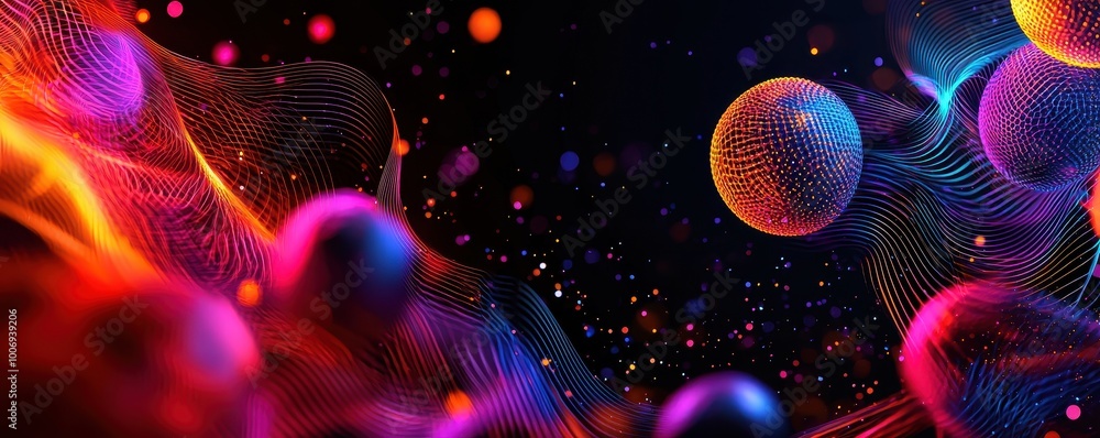 A vibrant and abstract representation of colorful spheres and dynamic patterns against a dark background, evoking themes of science and technology. A vibrant and abstract representation of colorful spheres and dynamic patterns against a dark background, evoking themes of science and technology.