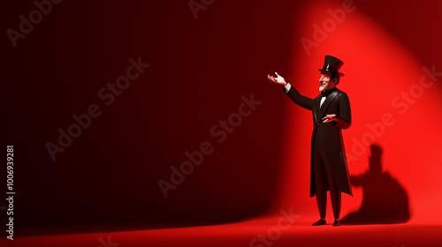 3d character A charismatic showman in a chic red coat and hat takes center stage, exuding charm and energy. His animated performance red banner/design/web