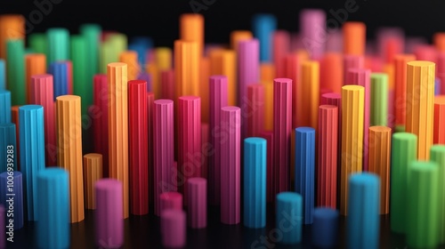 A vibrant arrangement of colorful vertical bars creating an abstract landscape, showcasing a blend of playful hues against a dark background.