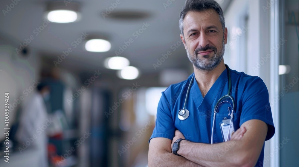A man in a blue scrubs shirt is standing in a hospital hallway A man in a blue scrubs shirt is standing in a hospital hallway