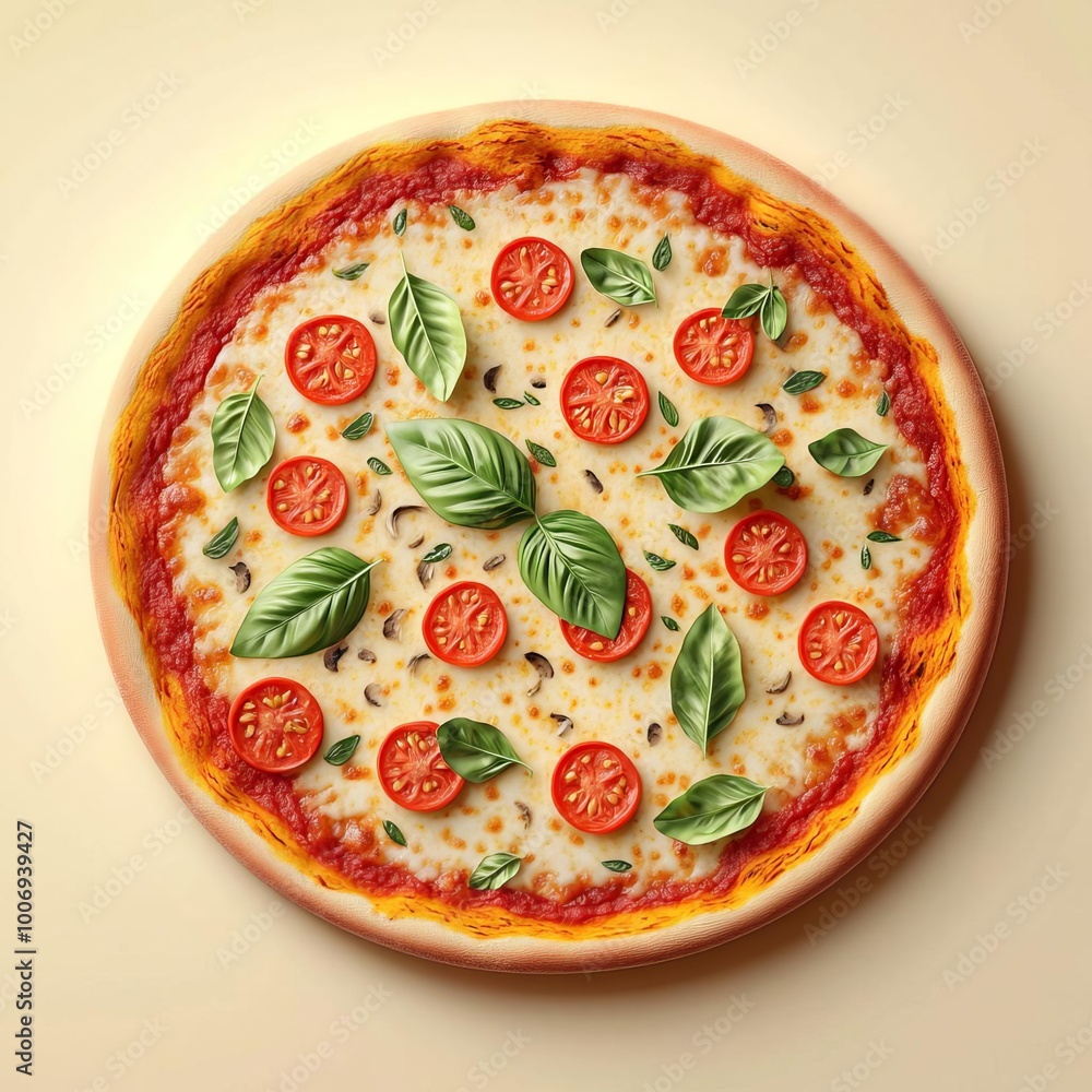 Margarita pizza herbs, basil leaves, rich tomato sauce, 3D illustration Margarita pizza herbs, basil leaves, rich tomato sauce, 3D illustration