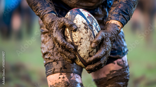 Close-up of a muddy rugby player holding the ball during a game photo