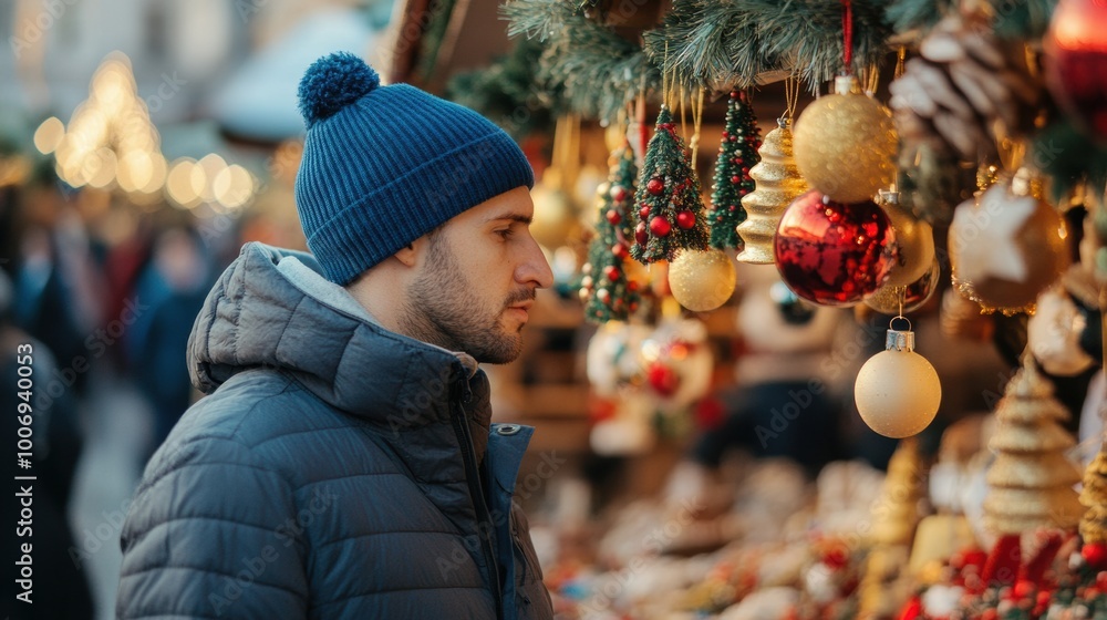 A man in a blue hat shops at a festive holiday market in winter A man in a blue hat shops at a festive holiday market in winter
