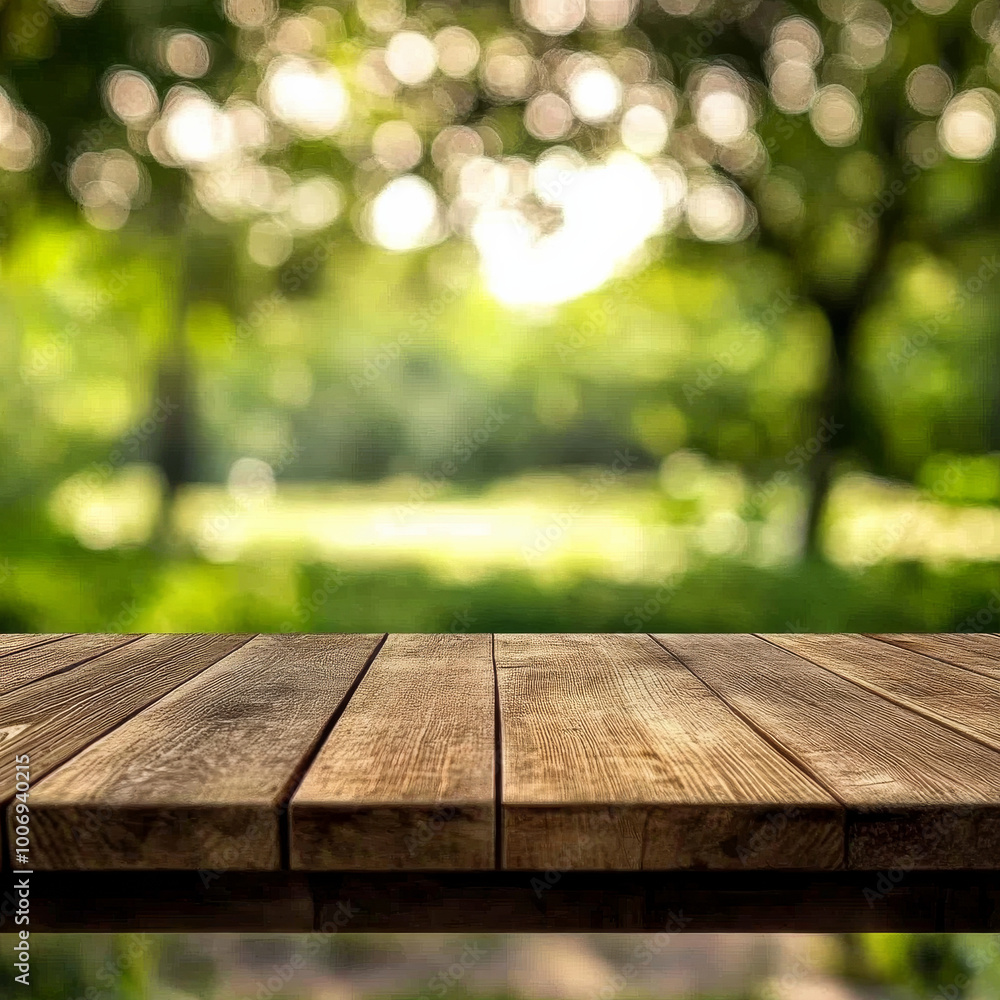 wooden table sits empty, surrounded by beautiful blurred bokeh of green nature in background, creating serene and peaceful atmosphere wooden table sits empty, surrounded by beautiful blurred bokeh of green nature in background, creating serene and peaceful atmosphere