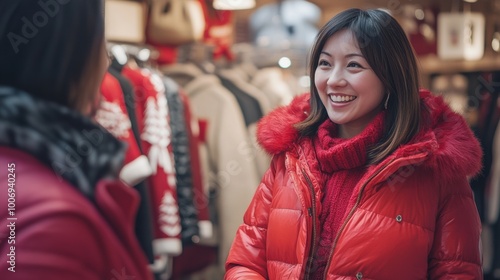 Wallpaper Mural Woman in red jacket smiles while shopping in a winter fashion store Torontodigital.ca