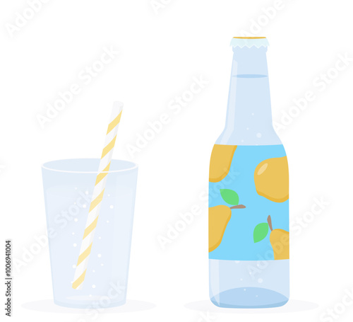 Fruit lemonade or sparkling water in a bottle accompanied by a glass with straw. Carbonated soft drink and beverage with bubbles. Cartoon flat vector elements isolated on white background.