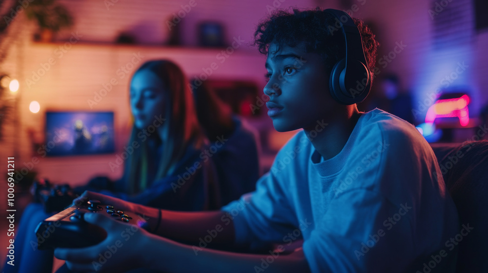 Gamers intensely playing on a console in a dimly lit room Gamers intensely playing on a console in a dimly lit room