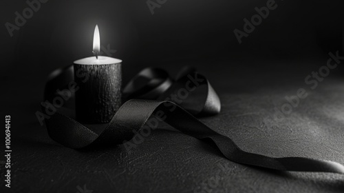 Burning black candle with a black ribbon wrapped around it on a dark background. Symbol of mourning, grief, solemnity.