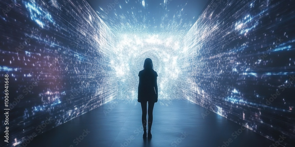 a woman walking through a tunnel of light a woman walking through a tunnel of light