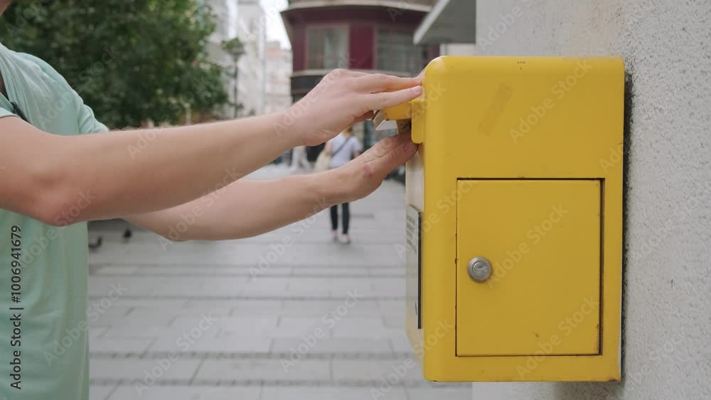 Male hand drops postcard in a yellow postbox. Man tourist sending post card and put it in yellow street mailbox. Postcrossing hobby concept Male hand drops postcard in a yellow postbox. Man tourist sending post card and put it in yellow street mailbox. Postcrossing hobby concept