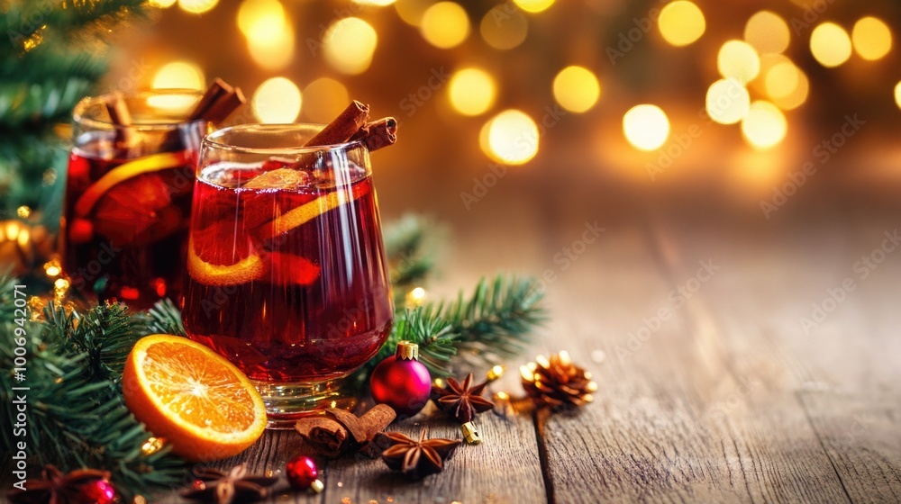 A glass of mulled wine with orange slices and cinnamon sticks, surrounded by Christmas ornaments and tree A glass of mulled wine with orange slices and cinnamon sticks, surrounded by Christmas ornaments and tree