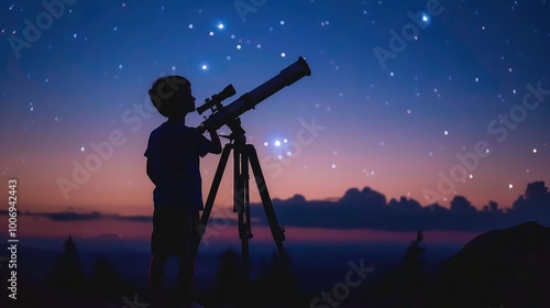 A young boy uses a telescope to explore the night sky. The silhouette of the boy is visible against the backdrop of a starry night sky.
