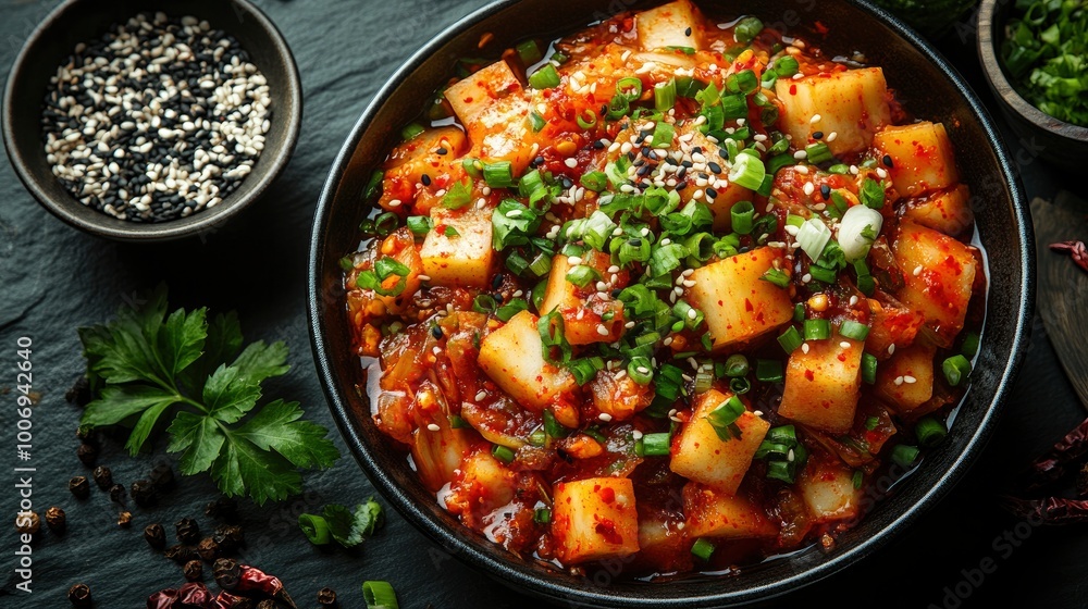 Spicy Kimchi with Sesame Seeds and Green Onions in a Black Bowl Spicy Kimchi with Sesame Seeds and Green Onions in a Black Bowl