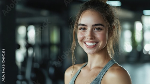 Young smiling fitness instructor girl in a gym. Wellbeing and positive mood concept with copy space Free Download Young smiling fitness instructor girl in a gym. Wellbeing and positive mood concept with copy space - GFXLoad