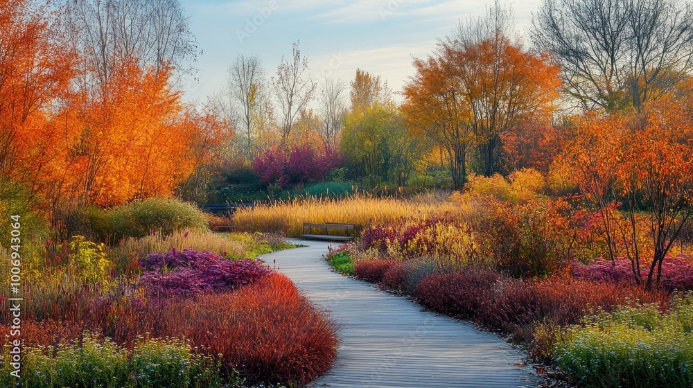 A wooden path leading through a colorful autumnal forest