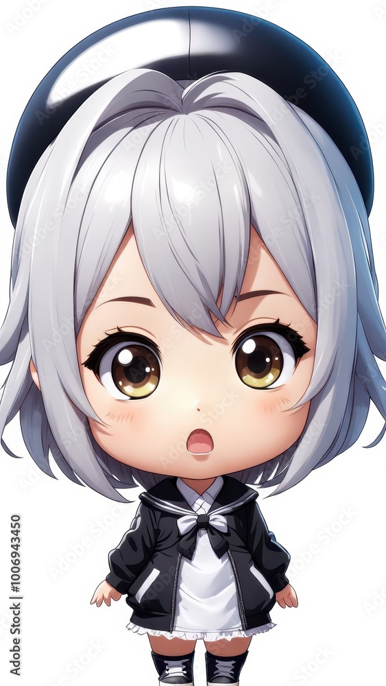 A cute chibi character with short silver hair and large eyes, wearing a black jacket and white dress. A cute chibi character with short silver hair and large eyes, wearing a black jacket and white dress.