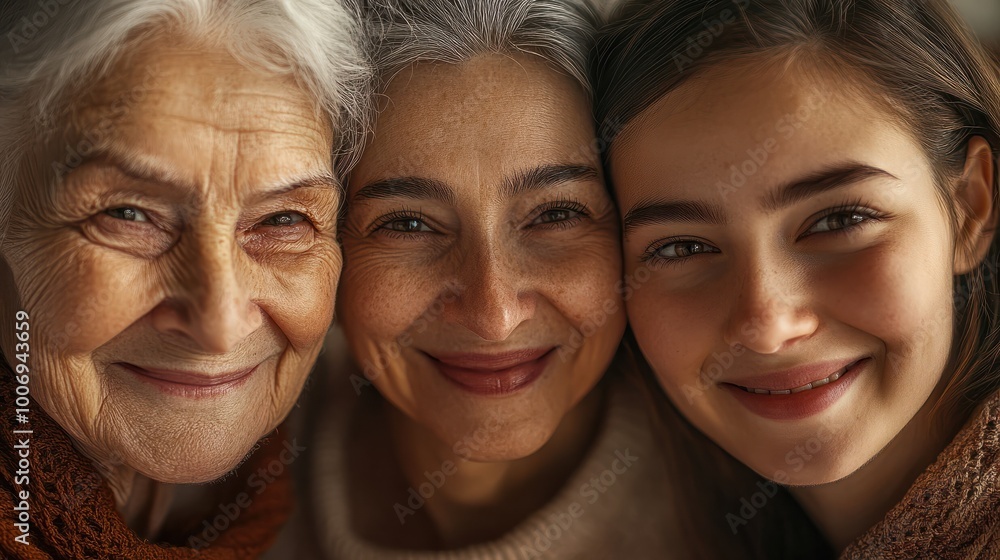 A close-up photo of three generations of women, a grandmother, mother, and daughter, smiling happily at the camera. A close-up photo of three generations of women, a grandmother, mother, and daughter, smiling happily at the camera.