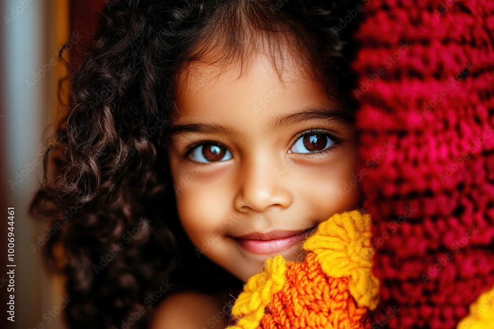 close-up of a smiling child with curly hair, wrapped in warm autumn colors close-up of a smiling child with curly hair, wrapped in warm autumn colors