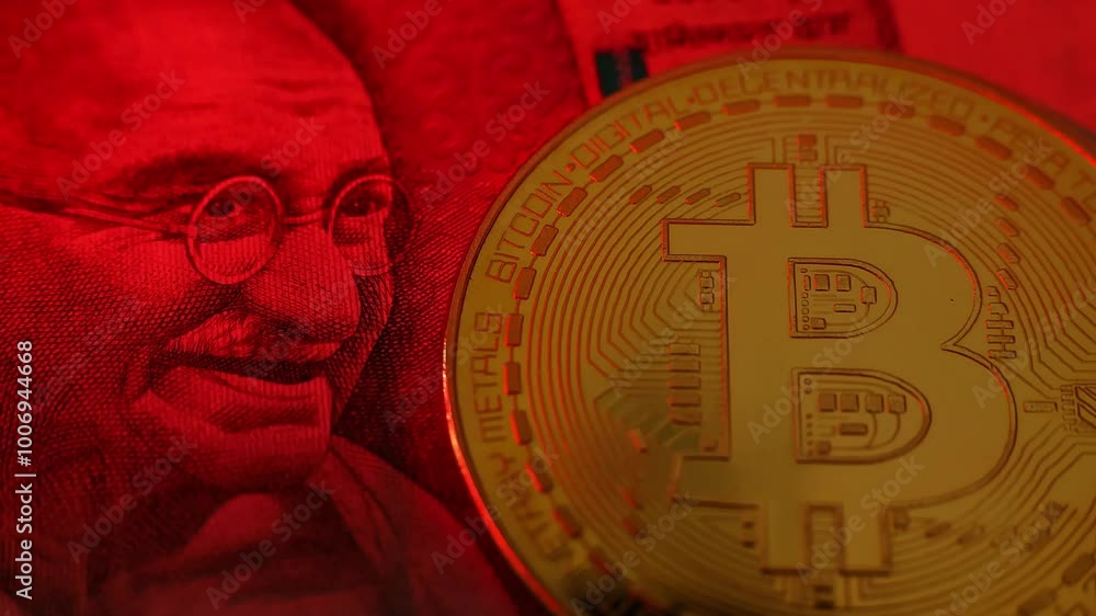 Closeup view of  500 indian rupee banknote and Bitcoin BTC physical coin under the light of a police siren. Digital crypto coin and cryptocurrency exchange. Concept of financial cybercrime in India.