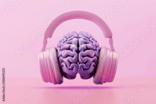 Purple Brain Wearing Pink Headphones on Pastel Background