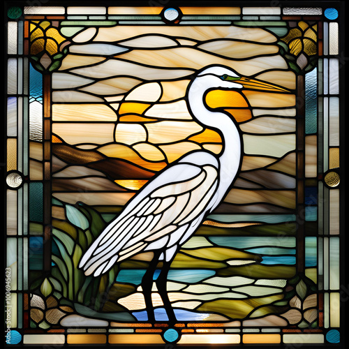 Great Egret White Bird Stained Glass Window Decorative Arts Design
