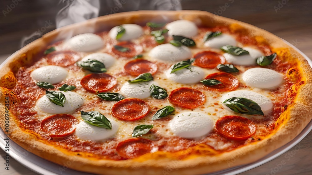 Margarita pizza herbs, steaming mozzarella, crispy crust, 3D illustration Margarita pizza herbs, steaming mozzarella, crispy crust, 3D illustration