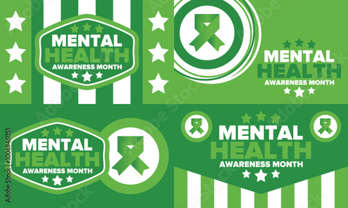 Mental Health Awareness Month in May. Annual campaign in United States. Raising awareness of mental health. Control and protection. Prevention campaign. Medical health care design. Vector illustration