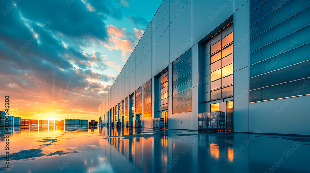 Modern warehouse building used for delivery services, with a clean facade, bright blue sky, and an organized logistics operation for fast shipments. Modern warehouse building used for delivery services, with a clean facade, bright blue sky, and an organized logistics operation for fast shipments.