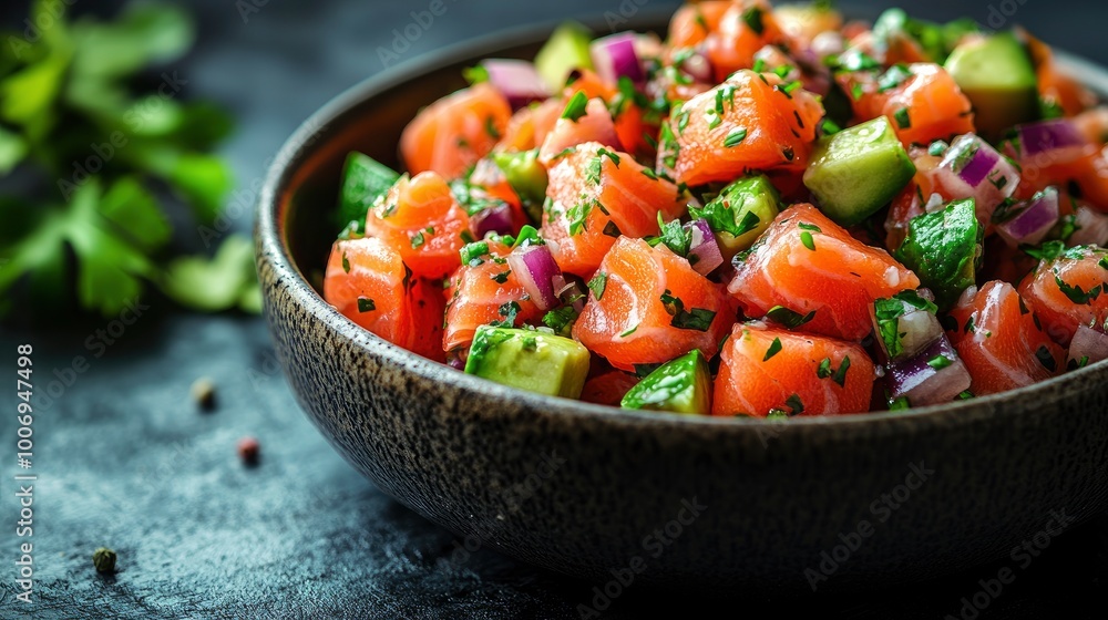 Close Up of Fresh Salmon Salad with Avocado, Cucumber, and Red Onion Close Up of Fresh Salmon Salad with Avocado, Cucumber, and Red Onion