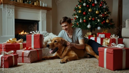 person with christmas presents and dog on Christmas