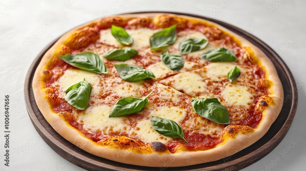 Margarita pizza, sizzling cheese, fresh basil leaves, 3D illustration Margarita pizza, sizzling cheese, fresh basil leaves, 3D illustration