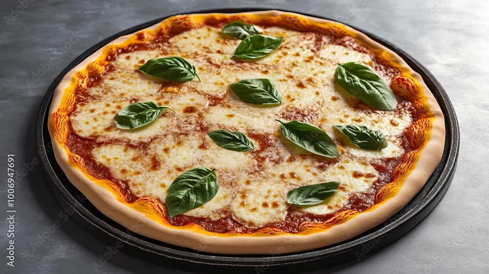 Margarita pizza, sizzling cheese, fresh basil leaves, 3D illustration Margarita pizza, sizzling cheese, fresh basil leaves, 3D illustration