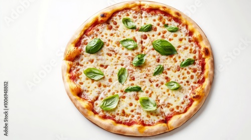 Margarita pizza topped with basil, melted cheese strands, 3D illustration