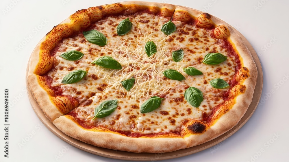 Margarita pizza topped with basil, melted cheese strands, 3D illustration Margarita pizza topped with basil, melted cheese strands, 3D illustration