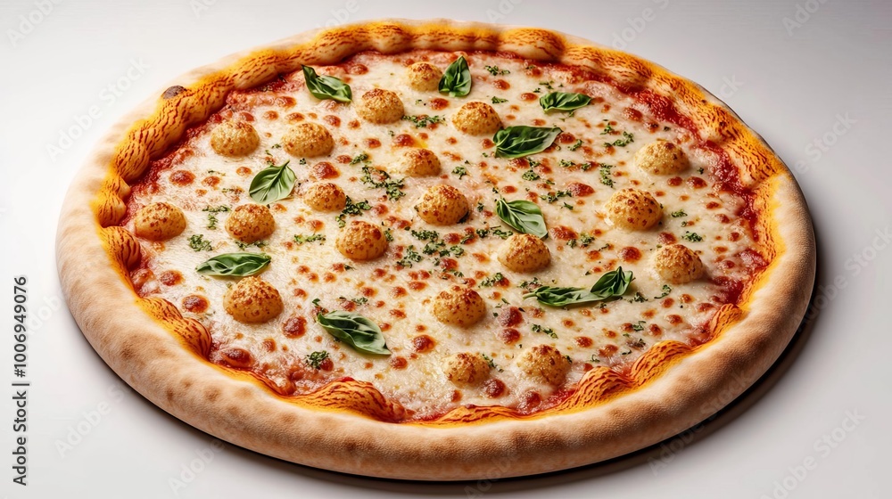 Margarita pizza with cheese bubbles, soft herbs, 3D illustration Margarita pizza with cheese bubbles, soft herbs, 3D illustration