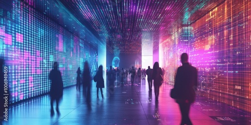 people walking through a tunnel of colorful lights