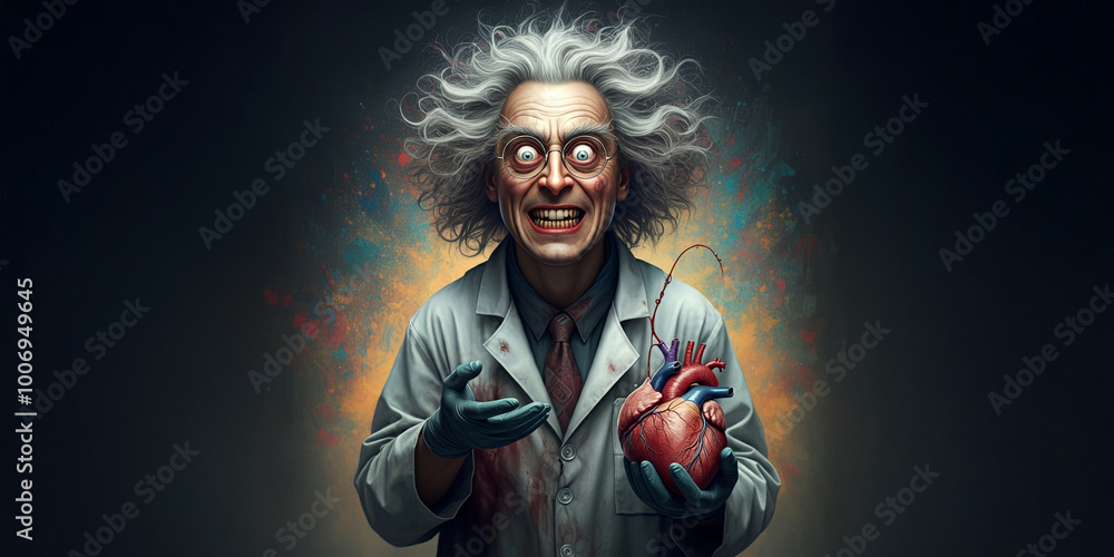 Obraz premium Crazy Mad Scientist Doctor with Heart, Science Image, Intense Wild Hair, Medical Graphic