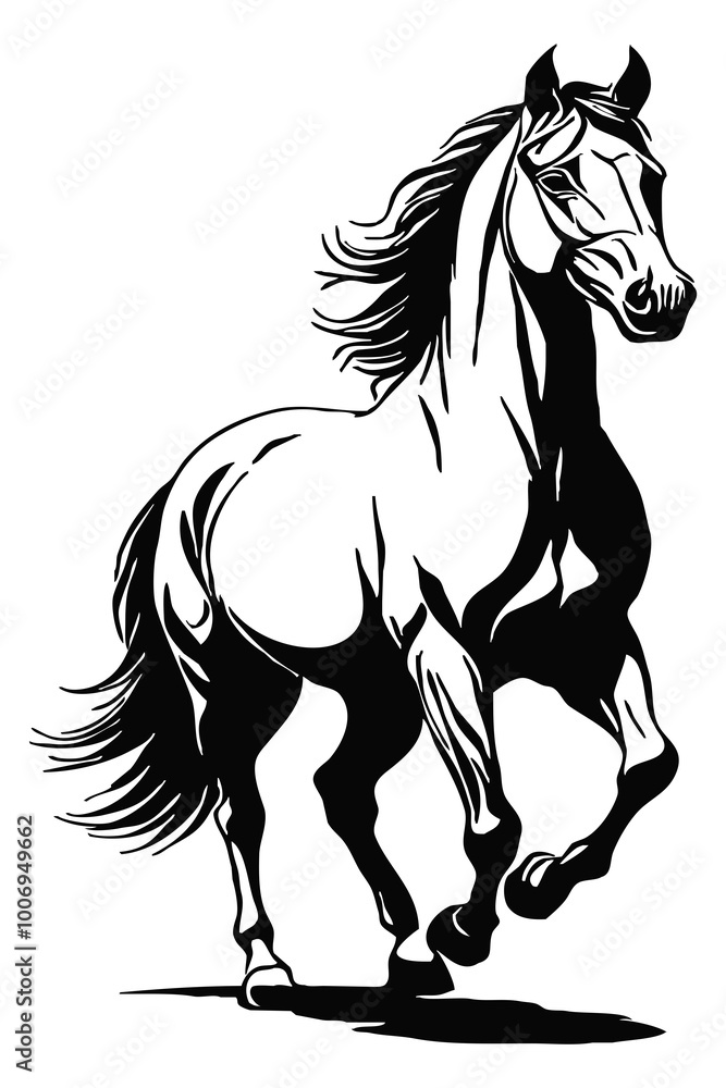 Horse . Black and white animal graphics. Logo design for use in graphics. Print for T-shirts, design for tattoos. Horse . Black and white animal graphics. Logo design for use in graphics. Print for T-shirts, design for tattoos.