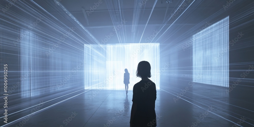 Fototapeta premium a woman standing in a dark room with light streaks