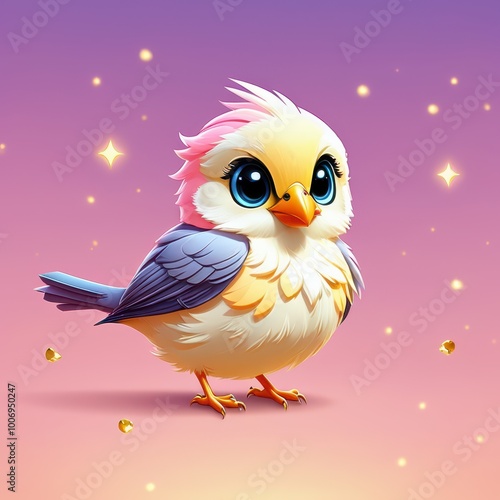 A cute, colorful cartoon bird with big eyes, set against a gradient background with sparkles.