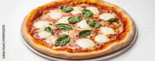 Pizza with basil leaves, melted mozzarella, crisp crust, 3D illustration