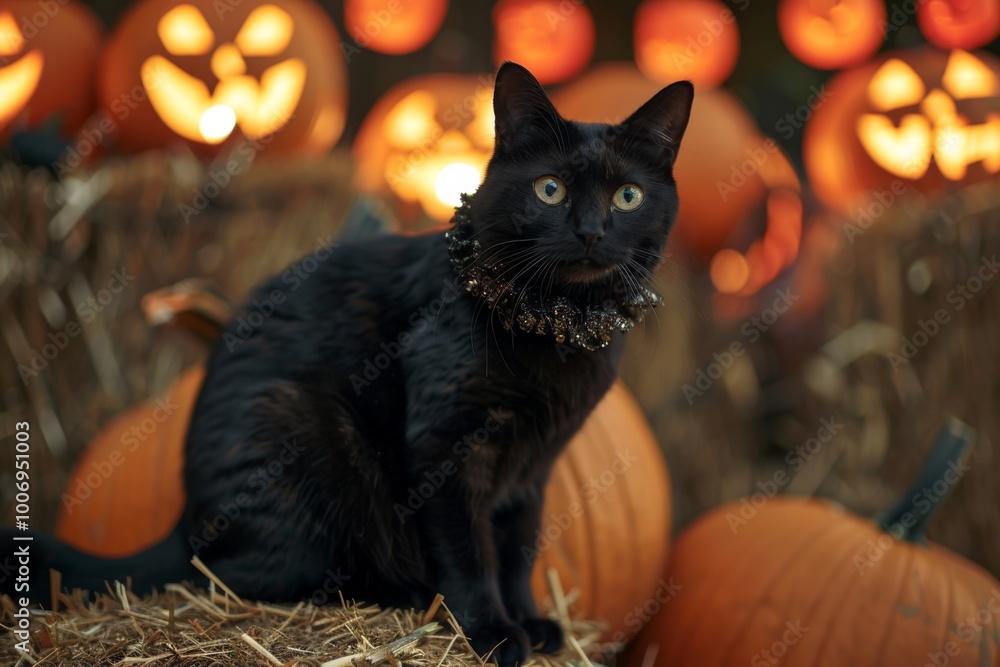 Φωτογραφία Sleek black cat sitting on a hay bale, wearing a ruffled collar, with pumpkin la