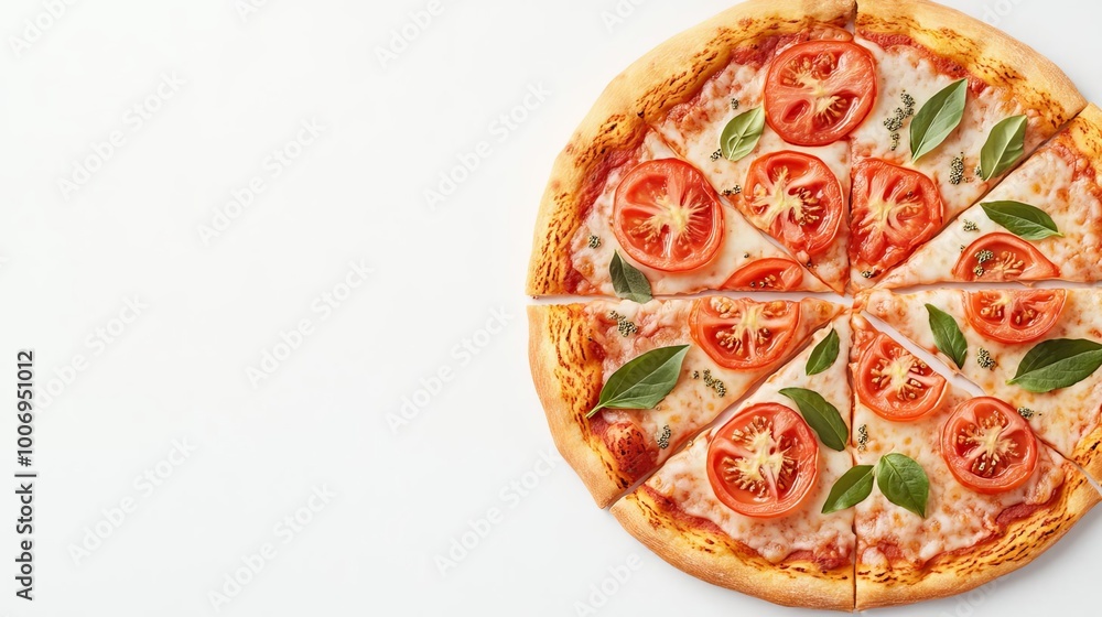Thin crust pizza, sliced tomatoes, oregano flakes, 3D illustration Thin crust pizza, sliced tomatoes, oregano flakes, 3D illustration