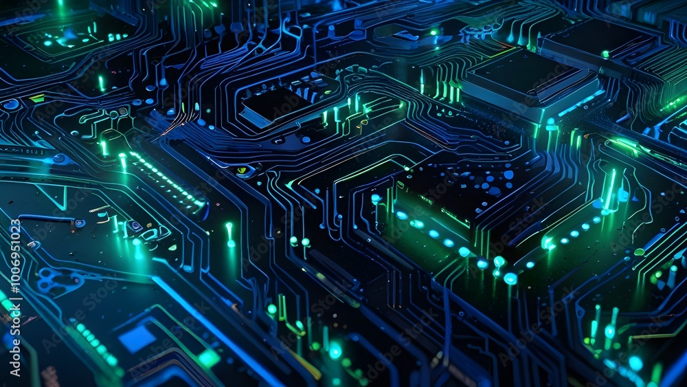 High-tech abstract PCB background in blue and green tones, symbolizing the cutting-edge technology and innovation in electronics design High-tech abstract PCB background in blue and green tones, symbolizing the cutting-edge technology and innovation in electronics design