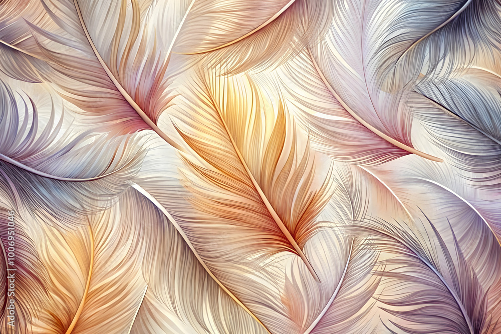 Soft Embrace of Feathers: A delicate symphony of pastel hues adorns these feathers, each plume a whisper of lightness and grace, creating a captivating abstract pattern of nature's artistry. Soft Embrace of Feathers: A delicate symphony of pastel hues adorns these feathers, each plume a whisper of lightness and grace, creating a captivating abstract pattern of nature's artistry.