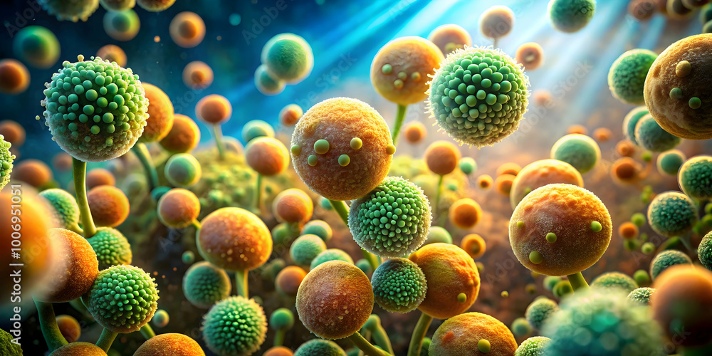 Microscopic World: A vibrant close-up of mold spores, showcasing their intricate textures and diverse colors in a dynamic microscopic landscape. Microscopic World: A vibrant close-up of mold spores, showcasing their intricate textures and diverse colors in a dynamic microscopic landscape.