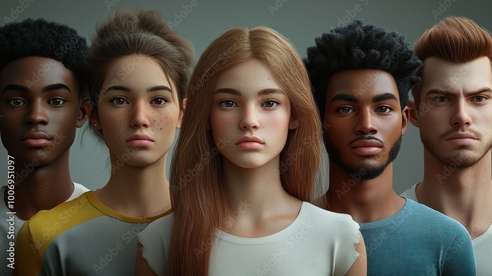 Fototapeta premium Diverse group of young people from different ethnicities, multiethnic people, asian, black, caucasian and more looking at the camera hd, multicultural and diversity and inclusivity concept