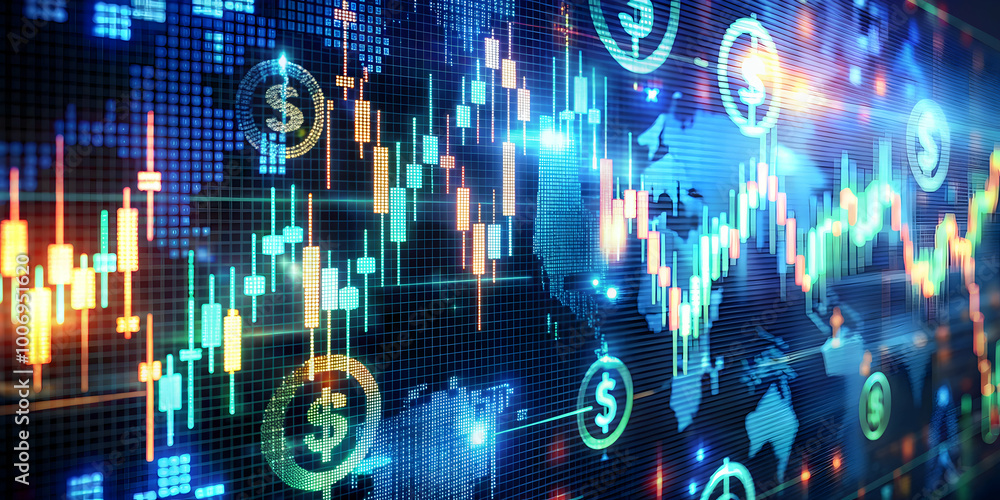 Global Financial Market: A vibrant and intricate illustration of the global financial market, showcasing a dynamic and ever-changing landscape of financial data, currency symbols. Global Financial Market: A vibrant and intricate illustration of the global financial market, showcasing a dynamic and ever-changing landscape of financial data, currency symbols.