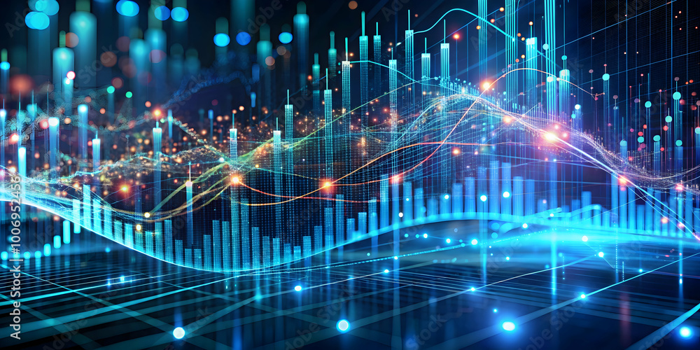 Fototapeta premium Data Flow: A mesmerizing abstract visualization of data flow and digital connections, with vibrant blue and green hues illuminating a complex network of lines and bars.