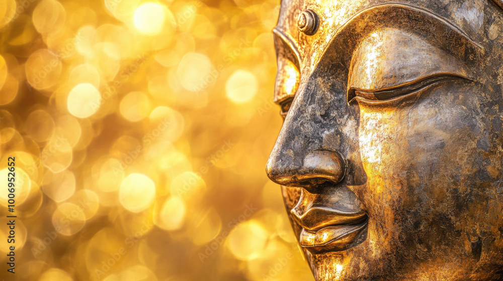 Fototapeta premium Buddha statue close-up with golden bokeh background. Shakyamuni, Siddhartha Gautauma. Bodhi Day, Buddhist holiday concept
